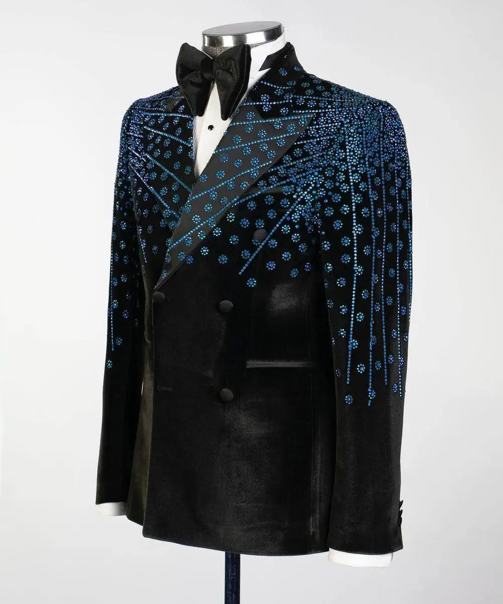 Black Velvet Tuxedo, Blue Rhinestone, Double-Breasted — photograph 3