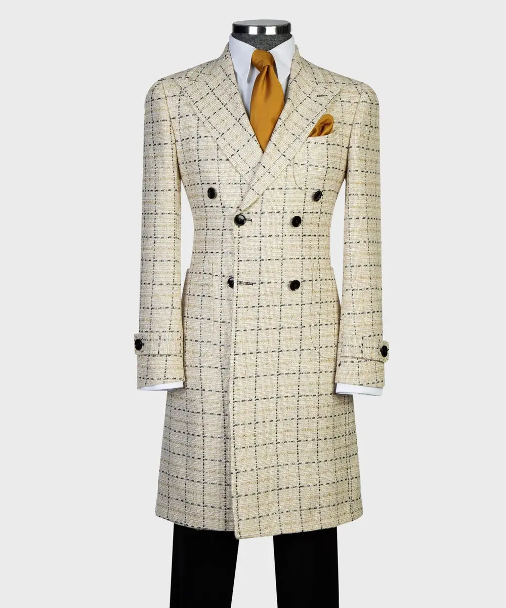 Cream Check Design Men’s Long Coat — photograph 1