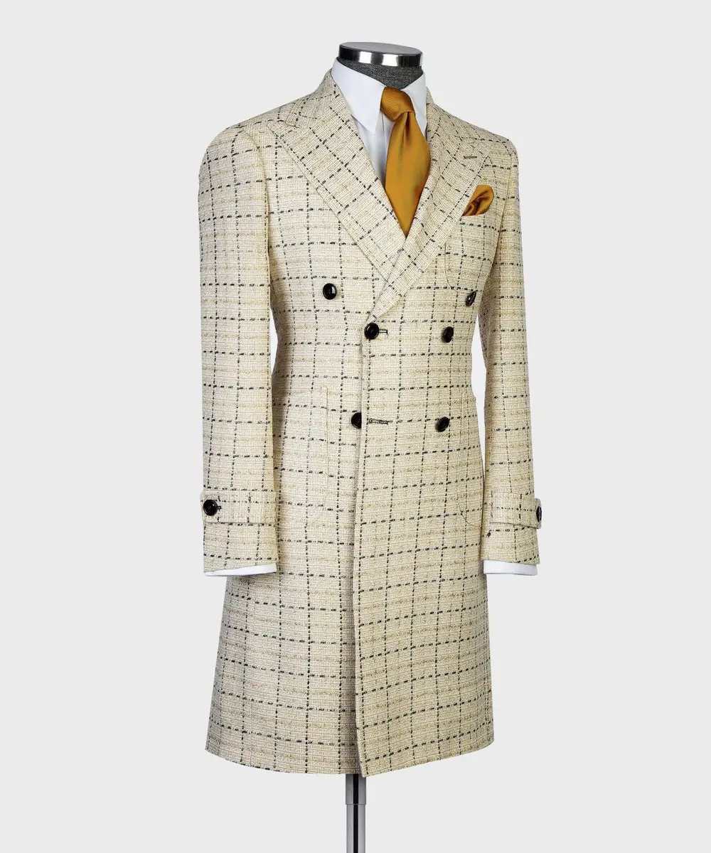 Cream Check Design Men’s Long Coat — photograph 3