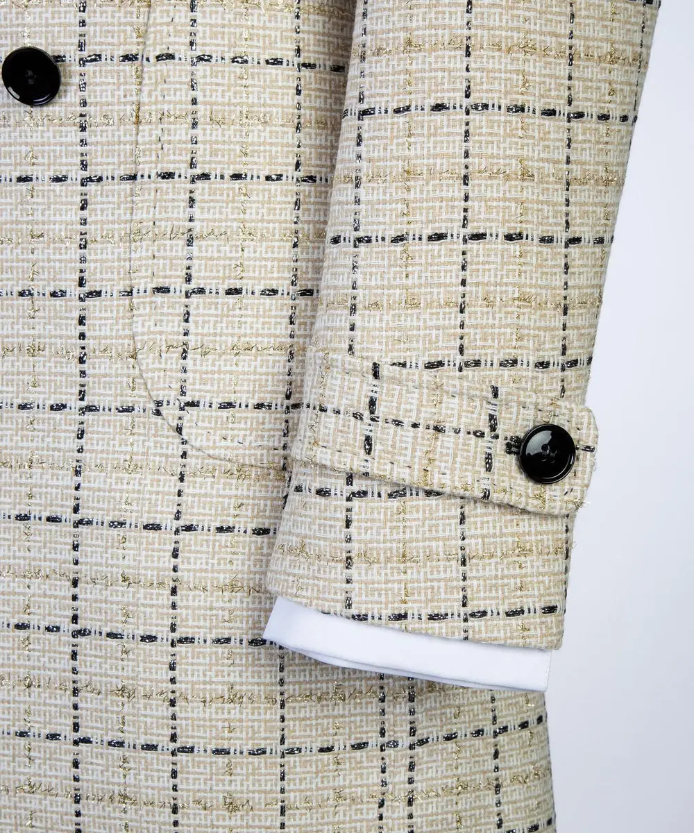 Cream Check Design Men’s Long Coat — photograph 6