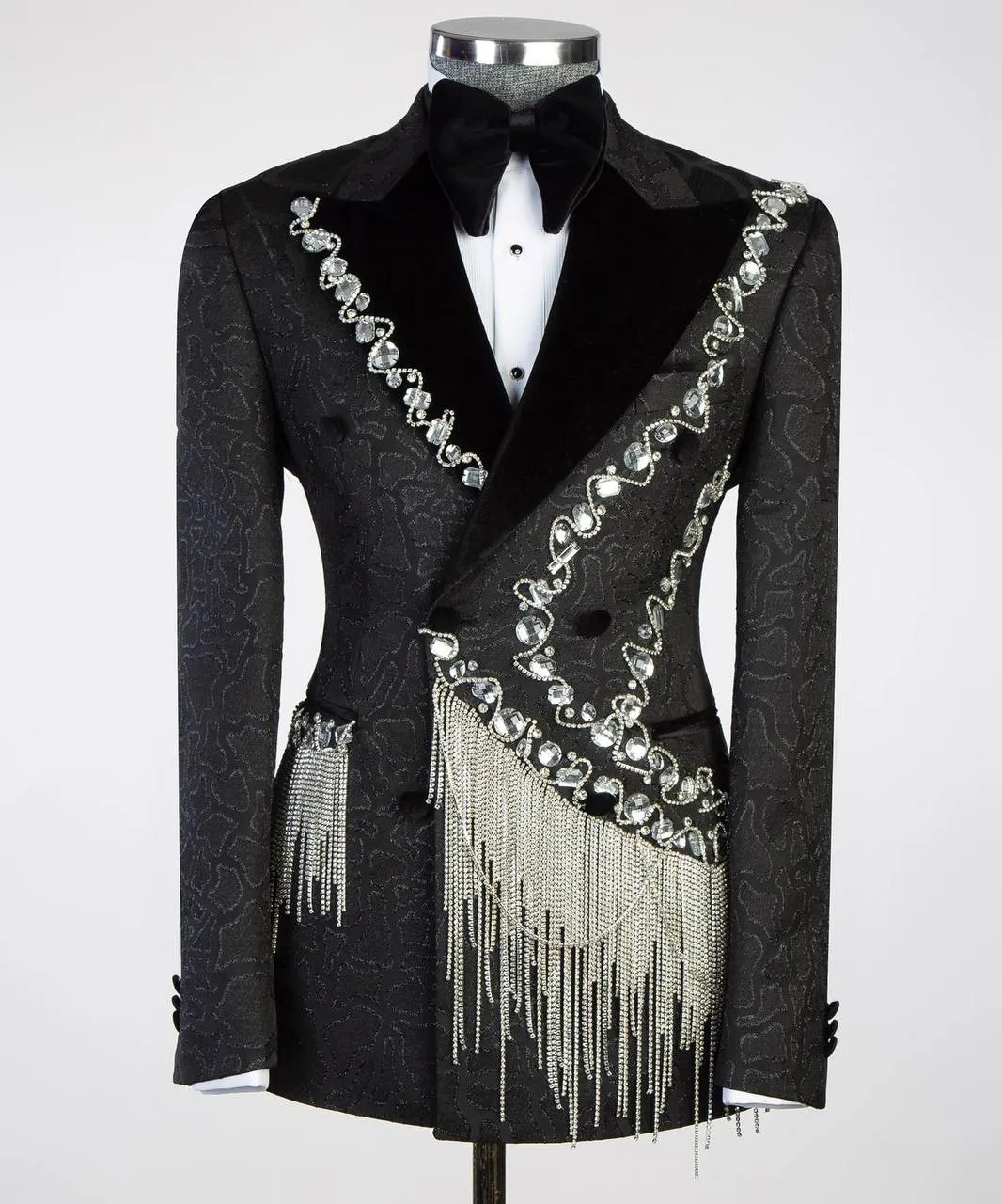 Black Patterned Designer Tuxedo with Silver Rhinestone Detailing