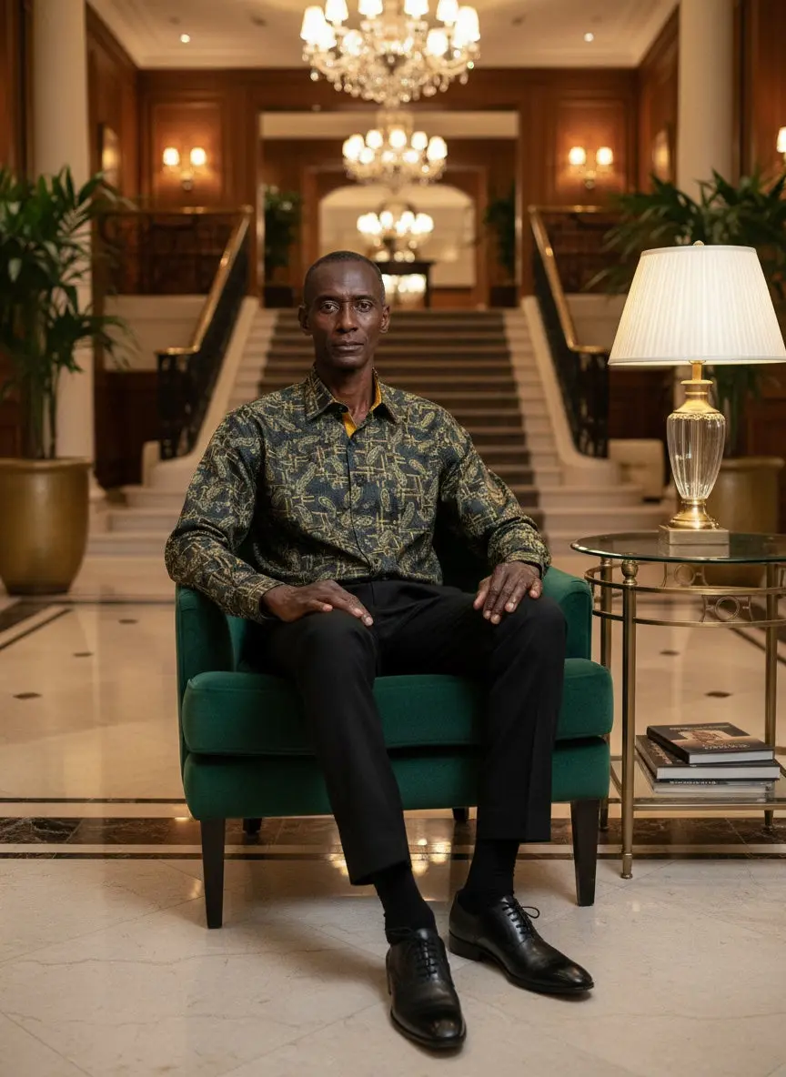 Men’s Patterned Dress Shirt Navy-Gold — photograph 1