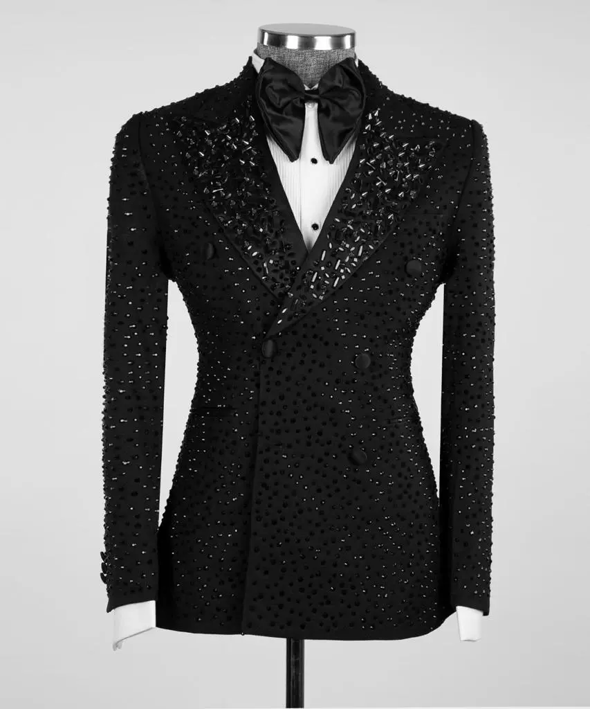 Men's 2 Piece Double Breasted Black Tuxedo, Suit,Stoned — photograph 1