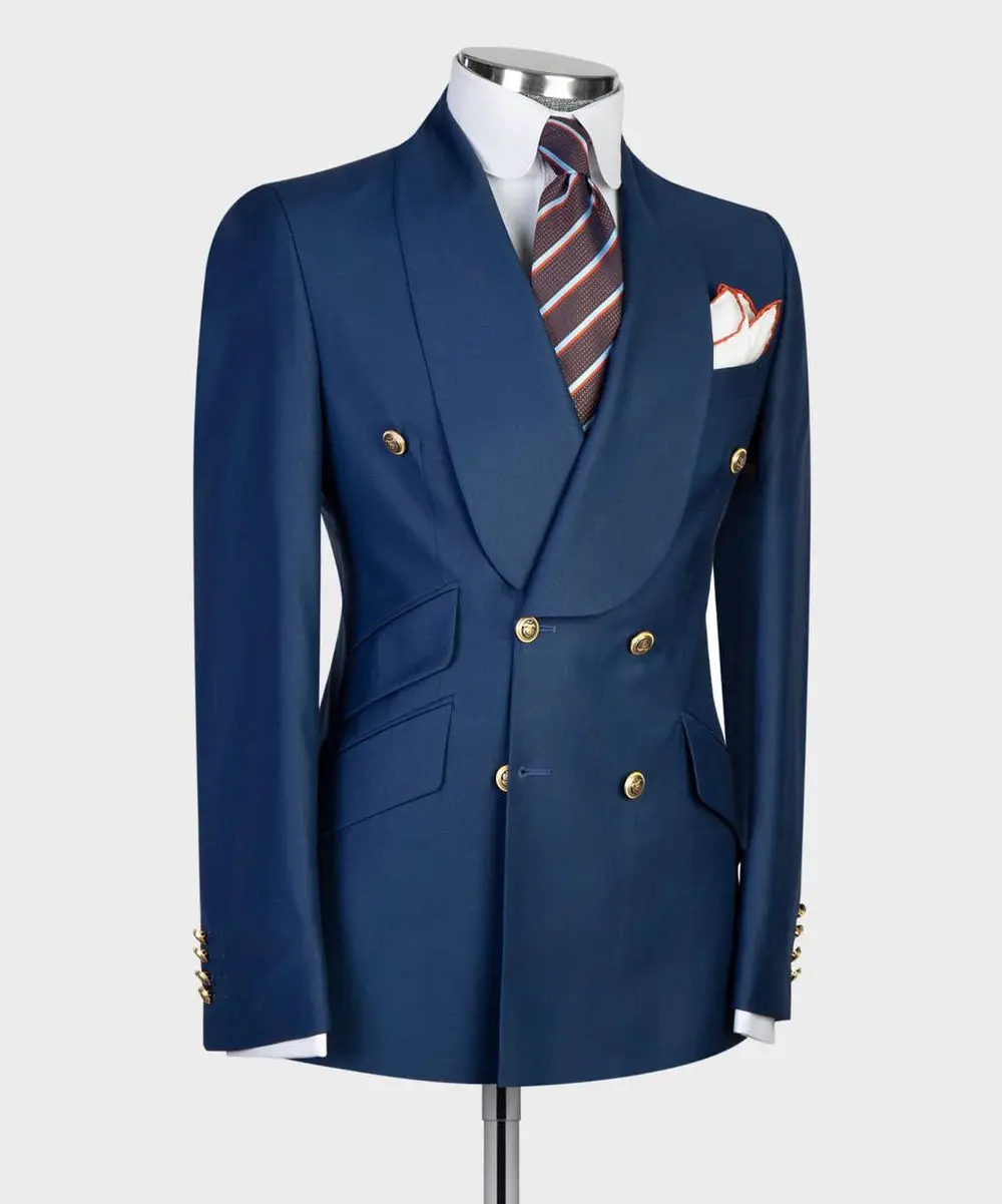 Men's 2 Piece Double Breasted  Blue Tuxedo Suit, Shawl Lapel — photograph 3