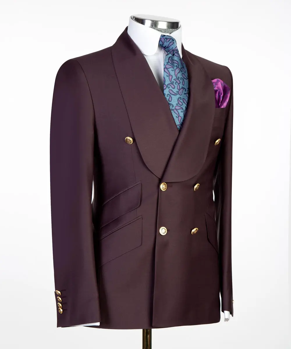 Men's 2 Piece Double Breasted Purple Brown Tuxedo Suit Shawl Lapel — photograph 2