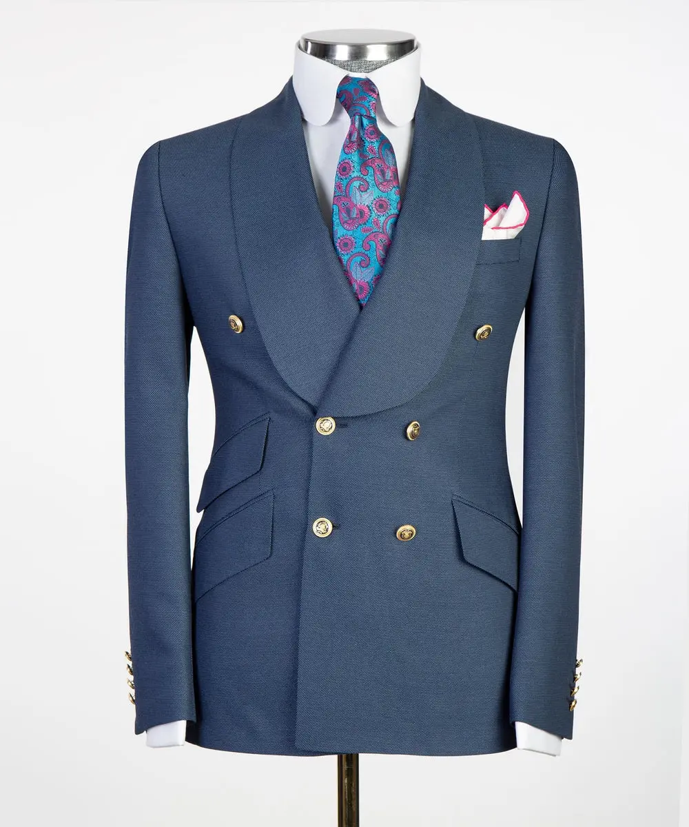Men's 2 Piece Double Breasted Grey Blue Tuxedo Suit Shawl Lapel — photograph 1