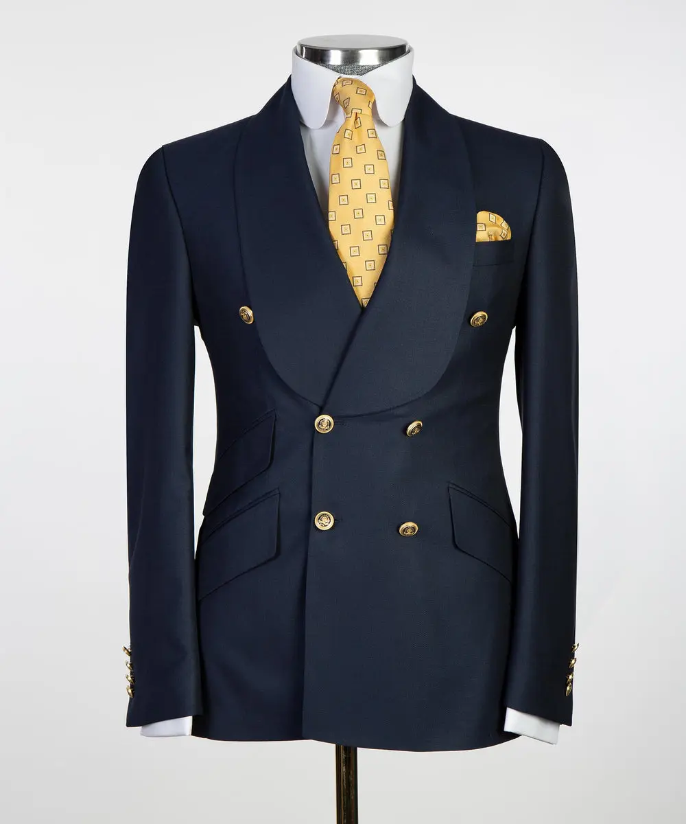 Men's 2 Piece Double Breasted Navy Tuxedo Suit Shawl Lapel — photograph 1