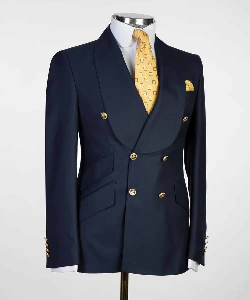 Men's 2 Piece Double Breasted Navy Tuxedo Suit Shawl Lapel — photograph 3