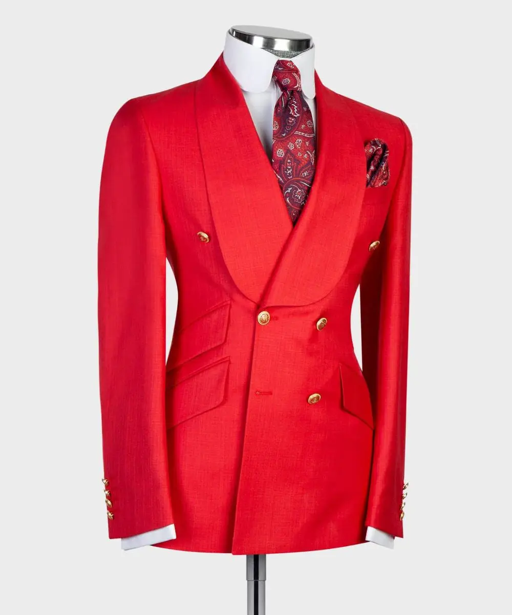 Men's 2 Piece Double Breasted Red Tuxedo Suit Shawl Lapel — photograph 3