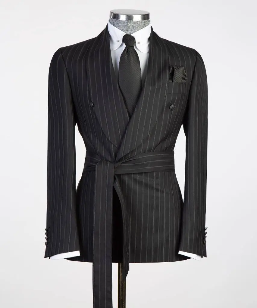 Men's 2 Piece Suit, Black/Grey Stripy, Belted Design, Costume — photograph 1