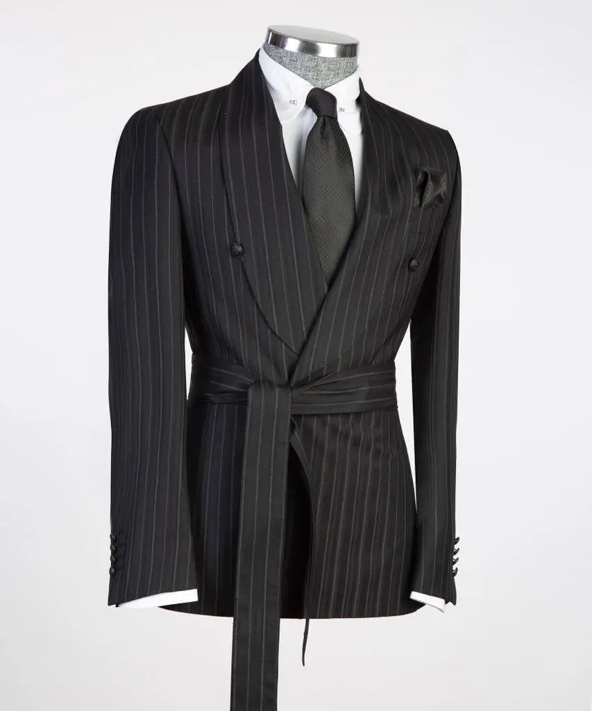 Men's 2 Piece Suit, Black/Grey Stripy, Belted Design, Costume — photograph 3