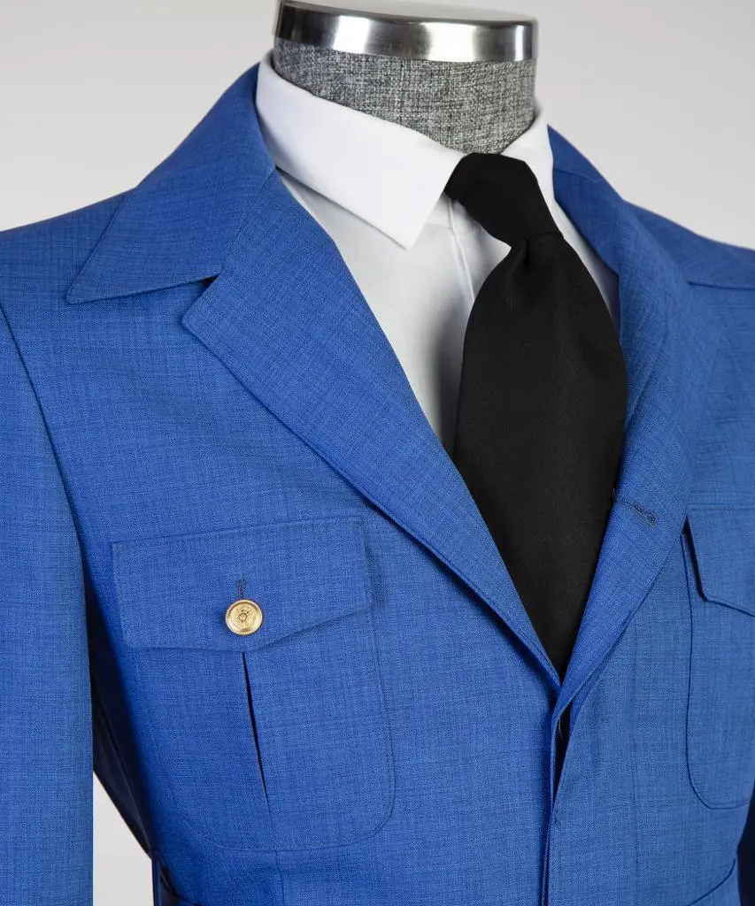 Men's 2 Piece Suit, Blue, Belted Design, Costume, Blazer with Pockets — photograph 3