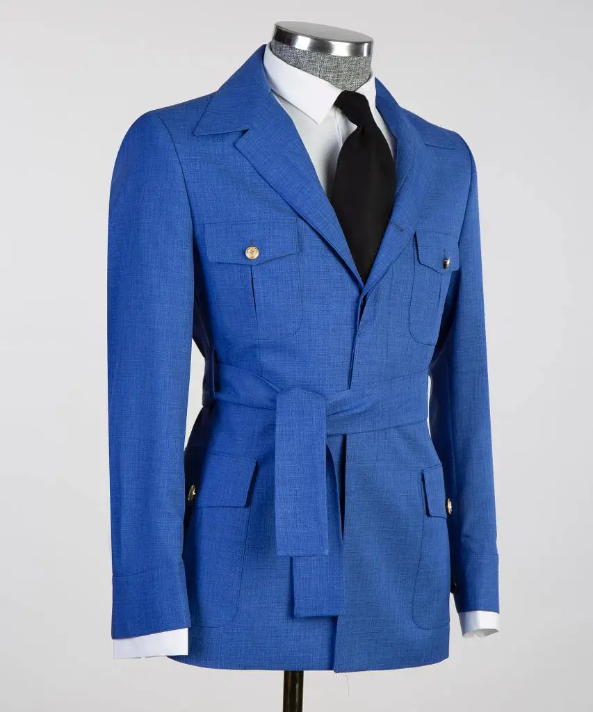 Men's 2 Piece Suit, Blue, Belted Design, Costume, Blazer with Pockets — photograph 4