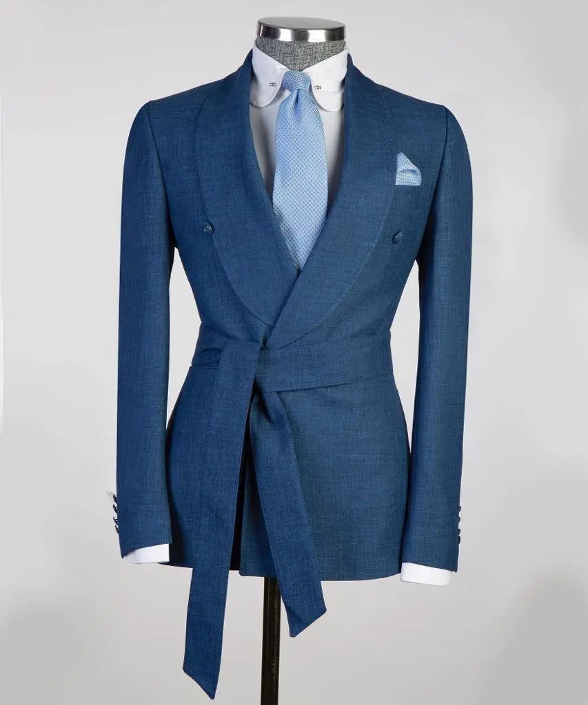 Men's 2 Piece Suit, Blue Designed, Belted Design, Costume — photograph 1