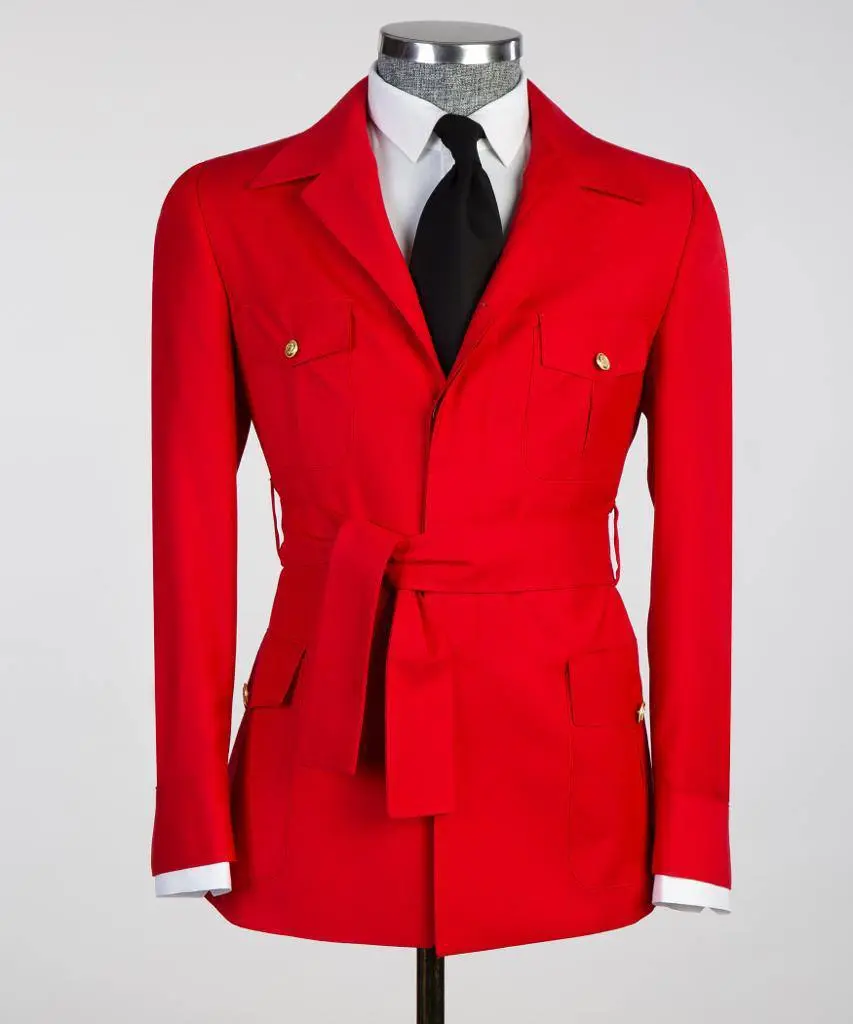 Men's 2 Piece Suit, Red, Belted Design, Costume, Blazer with Pockets — photograph 1