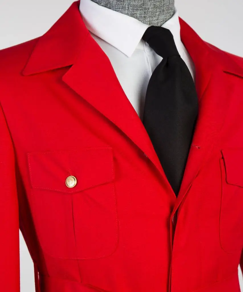 Men's 2 Piece Suit, Red, Belted Design, Costume, Blazer with Pockets — photograph 4