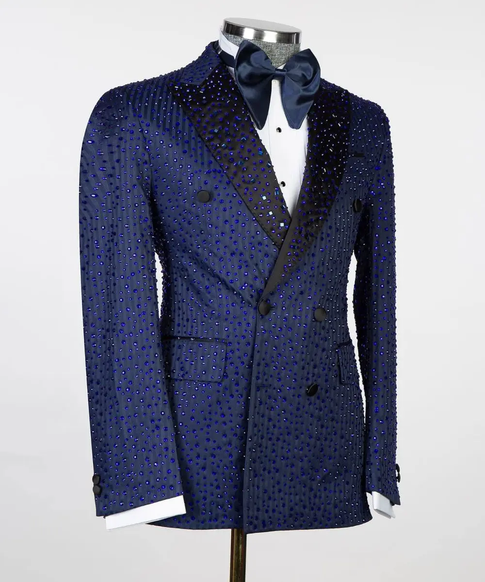Men's 2 Piece Blue Tuxedo Double Breasted Stoned — photograph 2