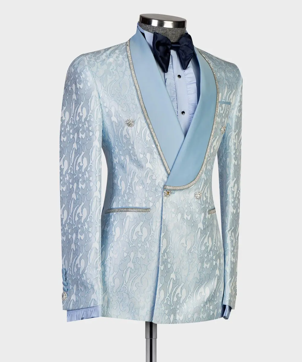 Men's 2 Piece Blue Tuxedo Shiny Suit, Stoned — photograph 2
