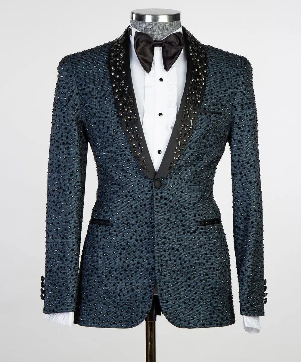 Men's 2 Piece Blue Tuxedo, Shiny, Stoned — photograph 1