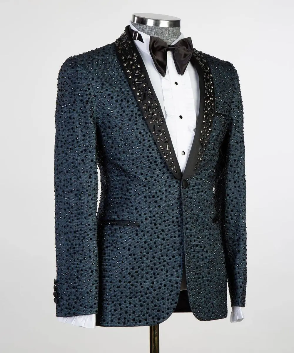 Men's 2 Piece Blue Tuxedo, Shiny, Stoned — photograph 2