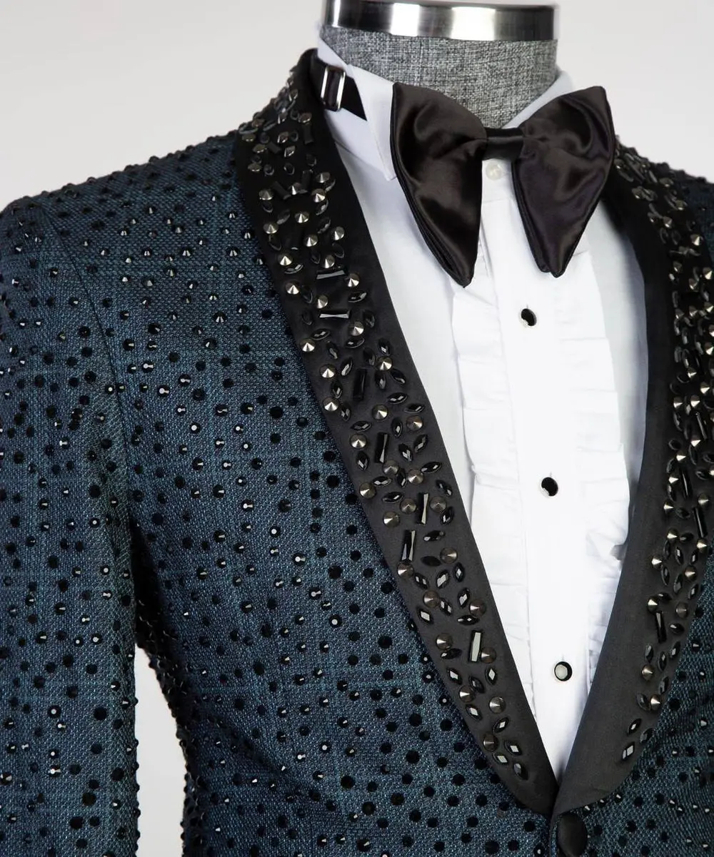Men's 2 Piece Blue Tuxedo, Shiny, Stoned — photograph 4