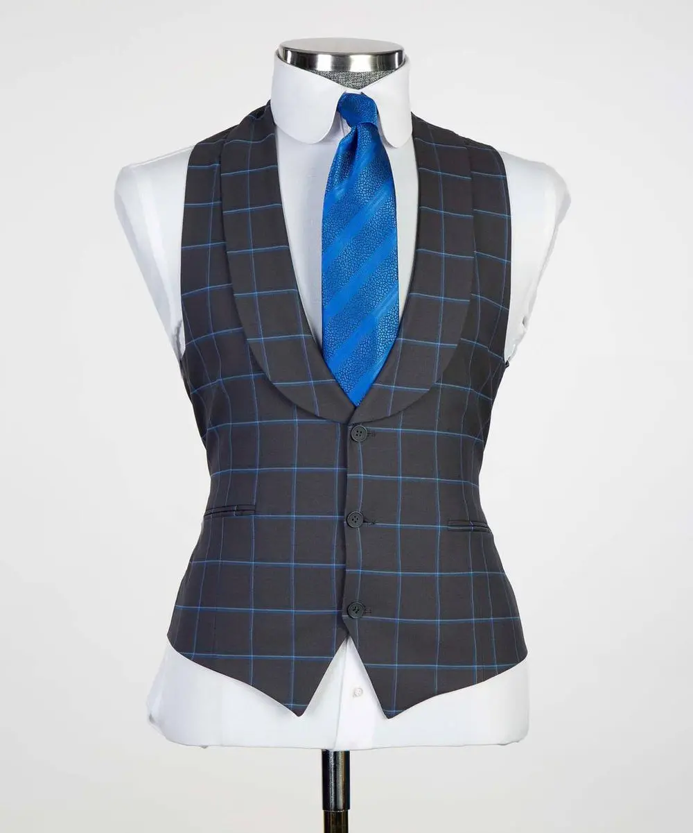 Men's 3 Piece Plaid Single Breasted Grey/Blue Suit — photograph 3