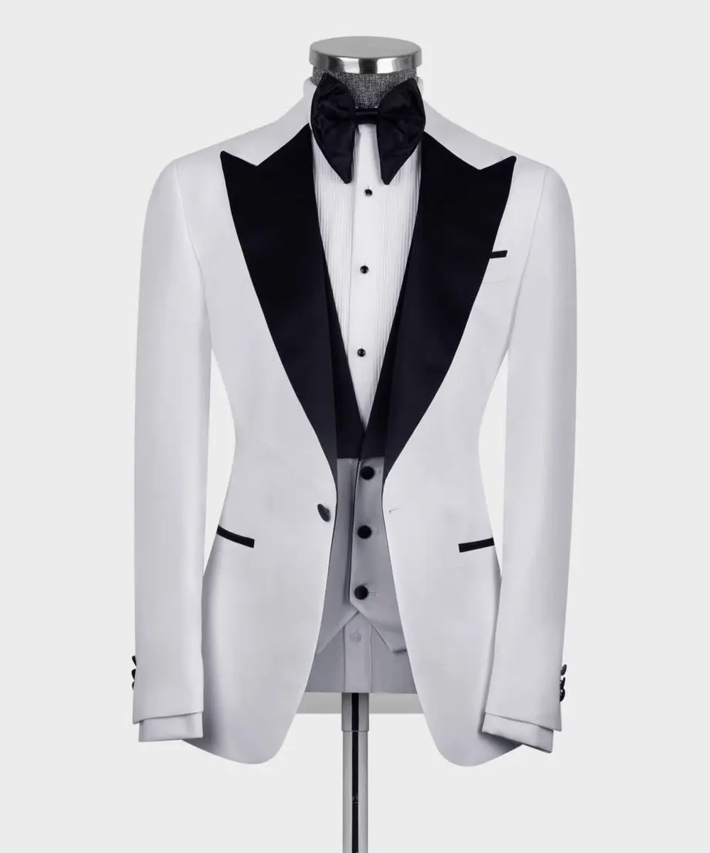 Men's 3 Piece White Black Lapel Tuxedo Suit — photograph 2