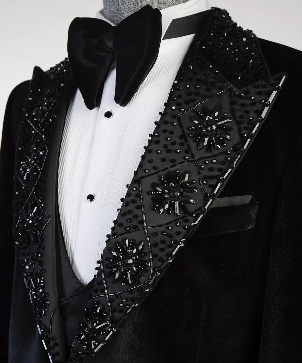 Men's Black Velvet Tuxedo, Gem Stoned on Collar — photograph 2