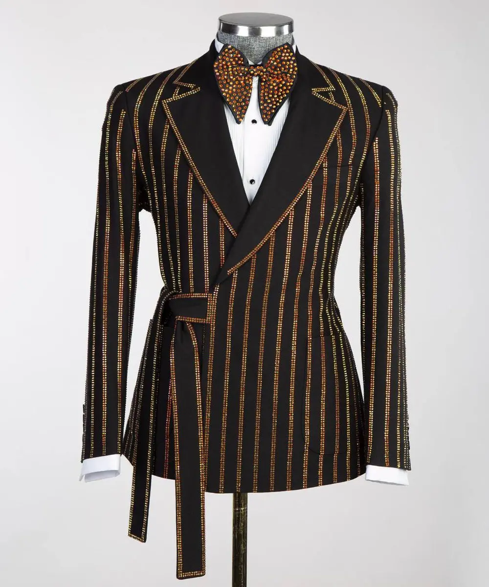 Men's Black Tuxedo, Gold Stripe Stoned Design — photograph 1
