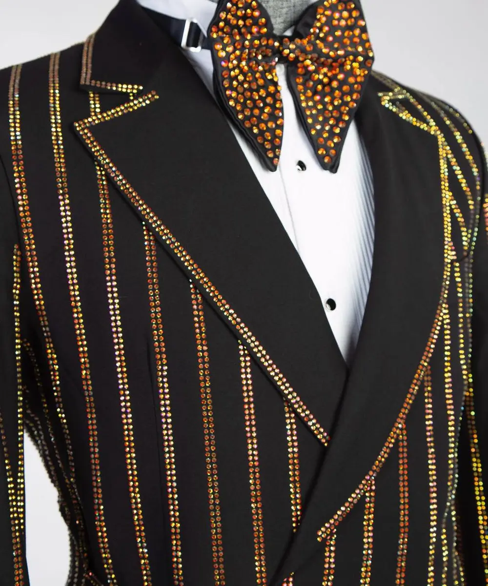 Men's Black Tuxedo, Gold Stripe Stoned Design — photograph 2