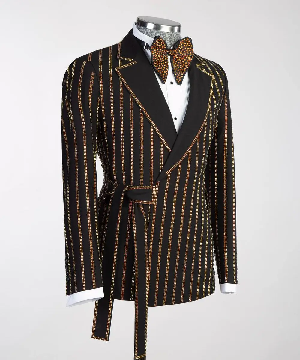 Men's Black Tuxedo, Gold Stripe Stoned Design — photograph 4