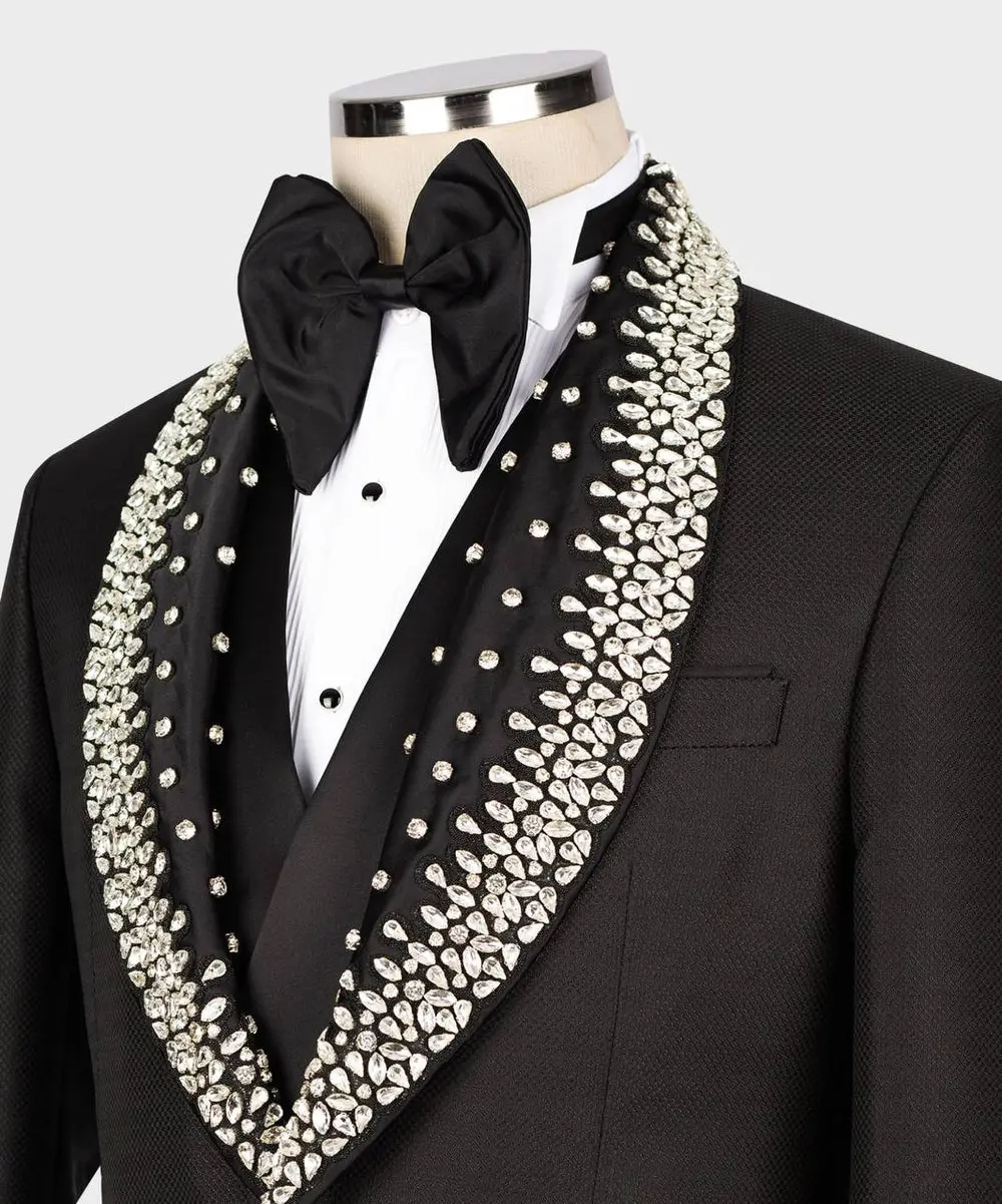 Men's Black Tuxedo, Silver Gem Stoned on Collar — photograph 2