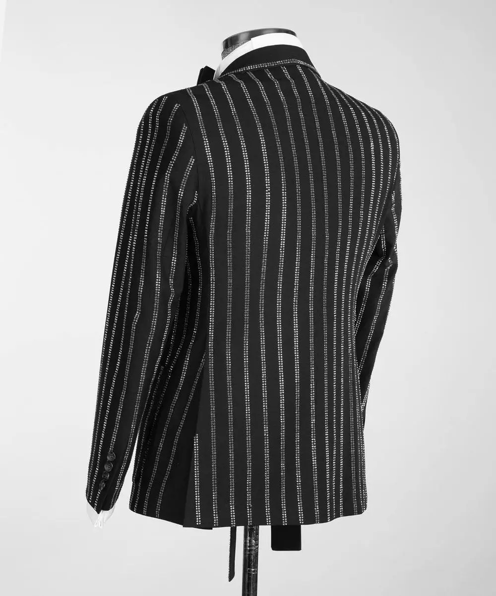 Men's Black Tuxedo, Silver Stripe Stoned Design — photograph 4