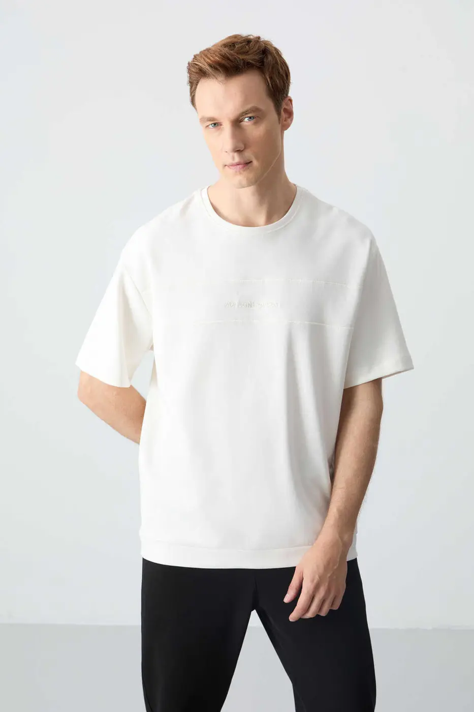 Men's-Cream-Black-Short Sleeve-Tracksuit Set — photograph 2