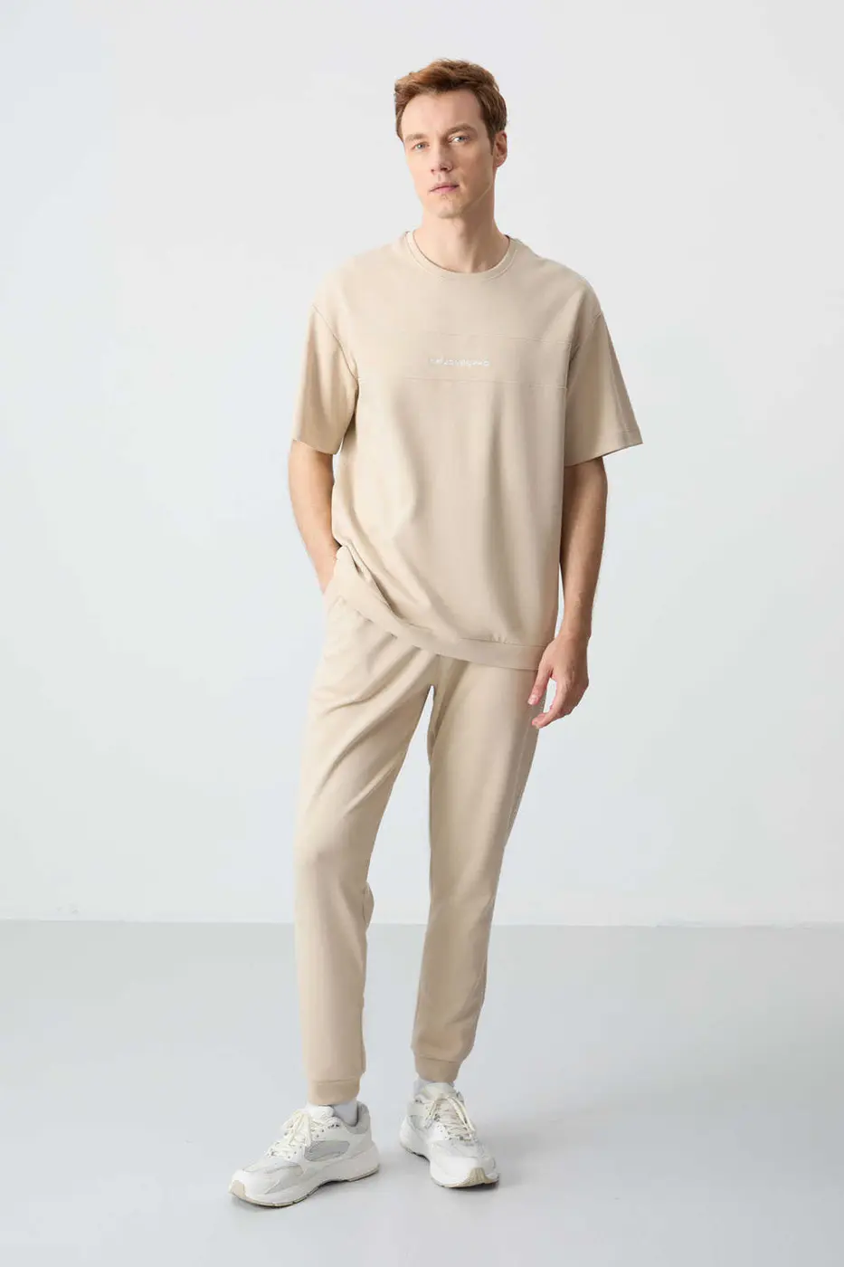 Men's-Cream-Short Sleeve-Tracksuit Set — photograph 1