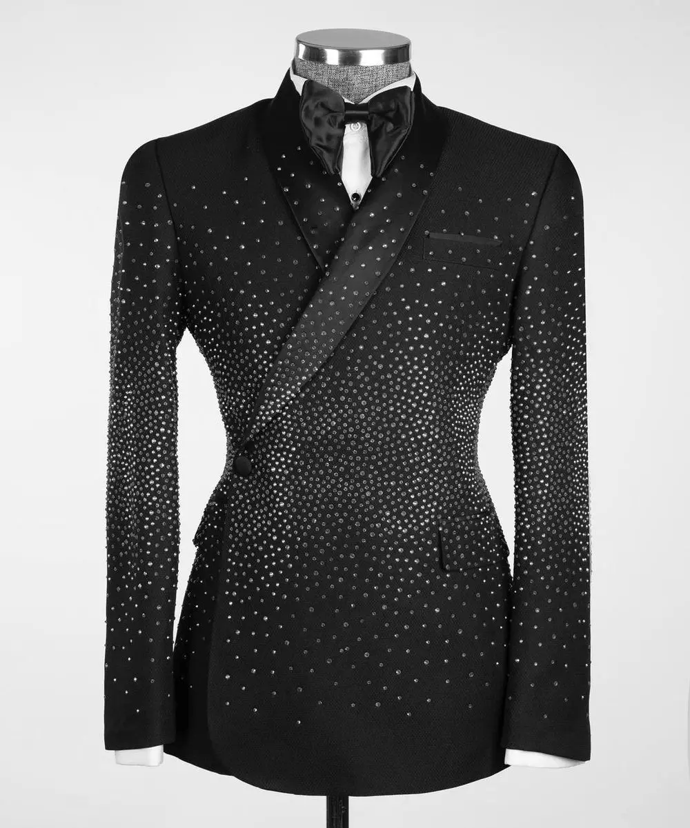 Men's Double Breasted Black Tuxedo, Silver Stoned — photograph 1