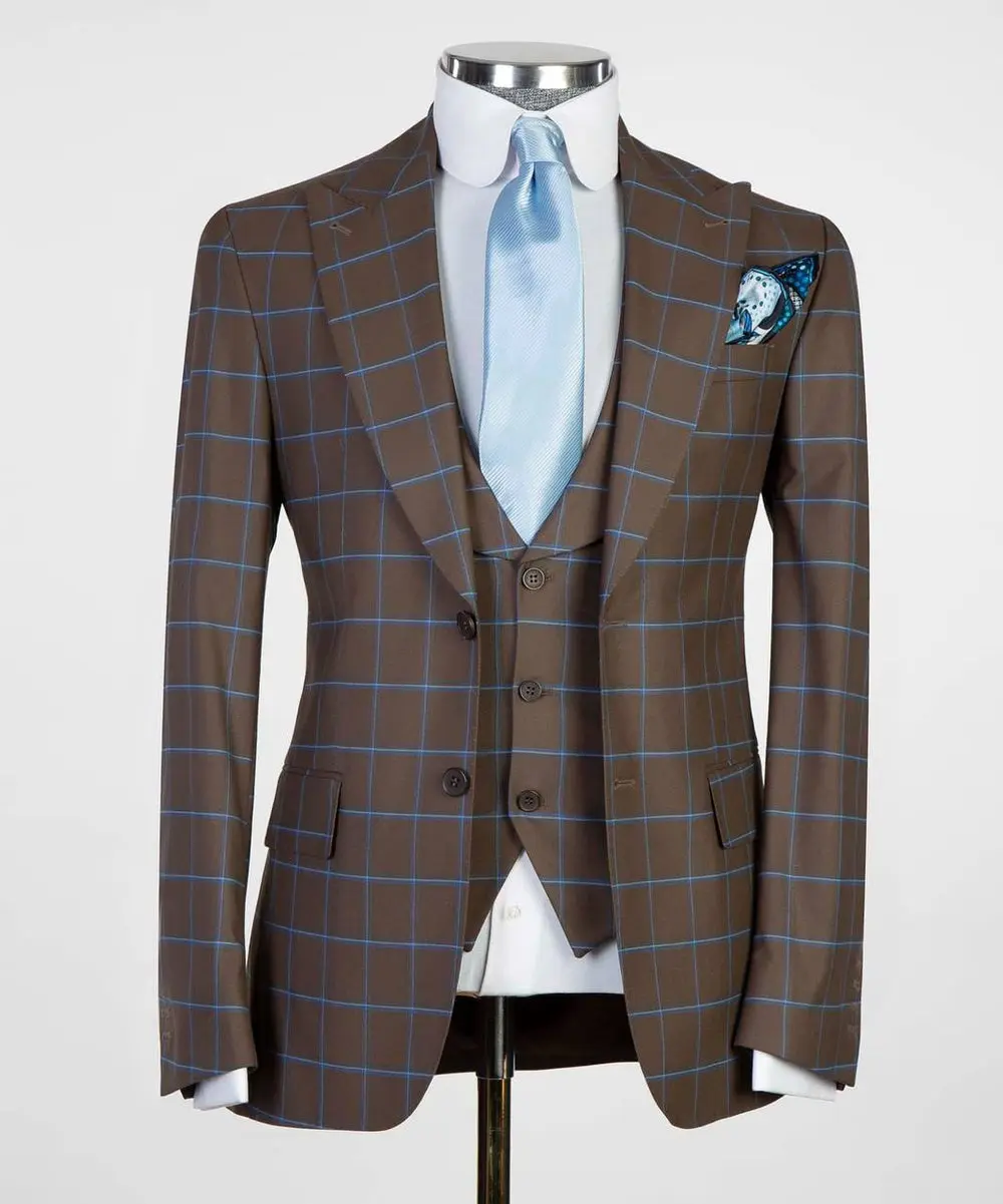 Men's 3 Piece Plaid Single Breasted Brown/Blue Suit — photograph 1