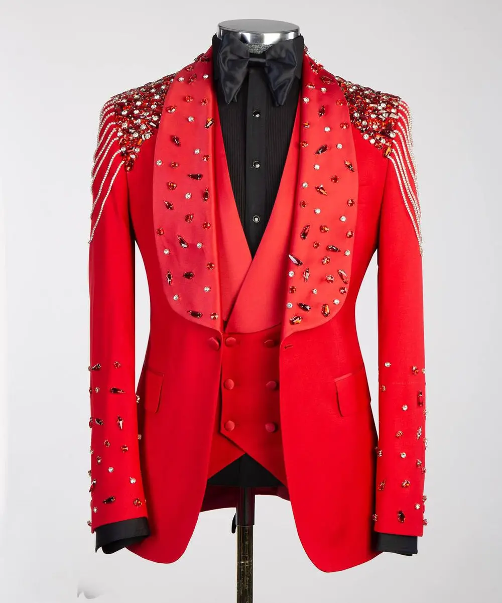 Men's Red Tuxedo, Silver Gem Stoned — photograph 1
