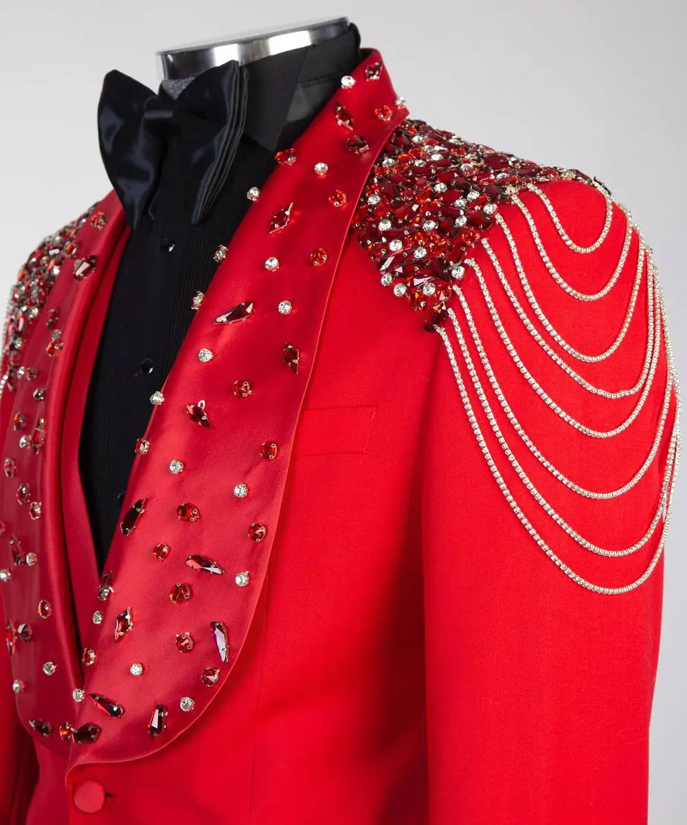 Men's Red Tuxedo, Silver Gem Stoned — photograph 2