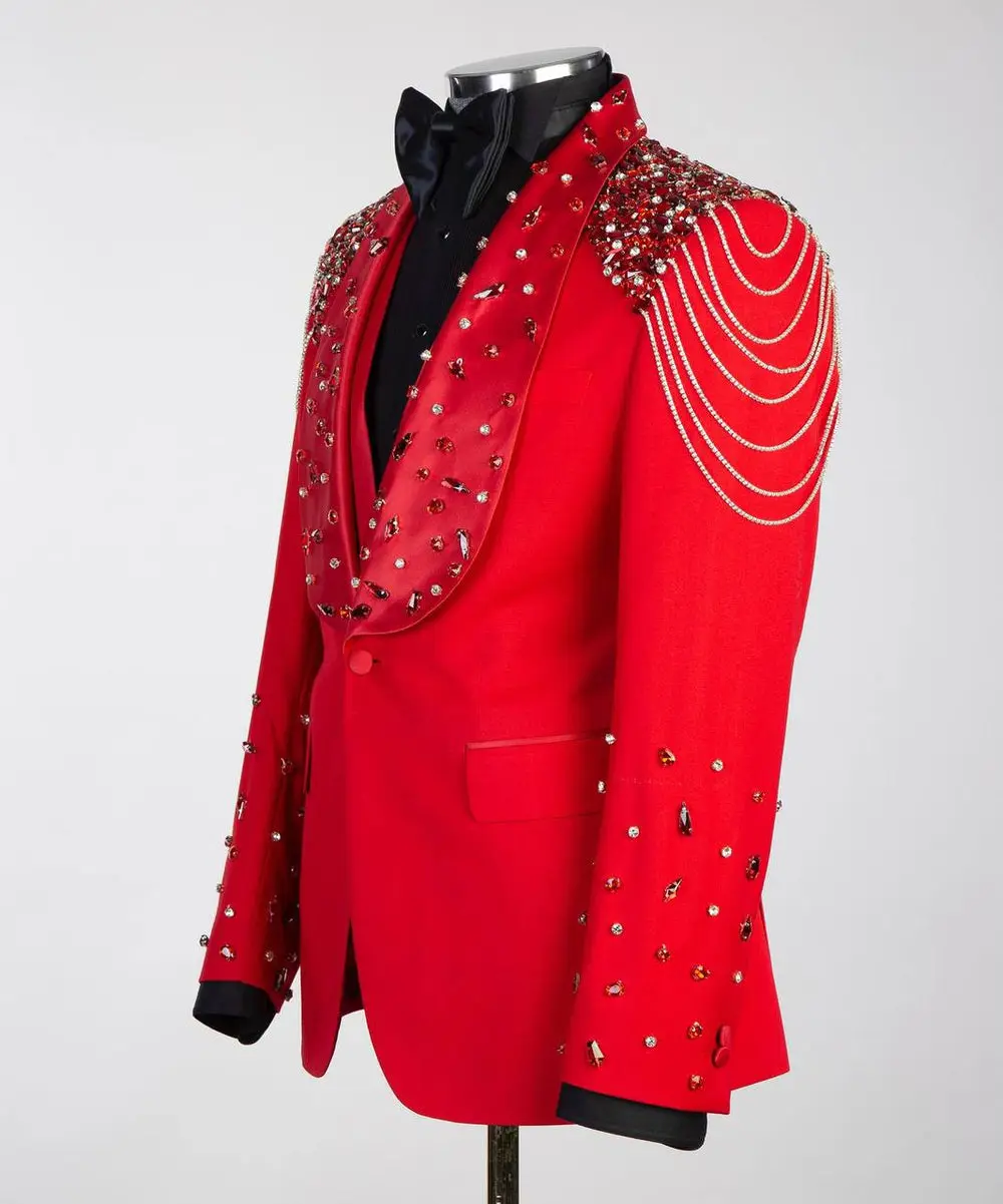 Men's Red Tuxedo, Silver Gem Stoned — photograph 5