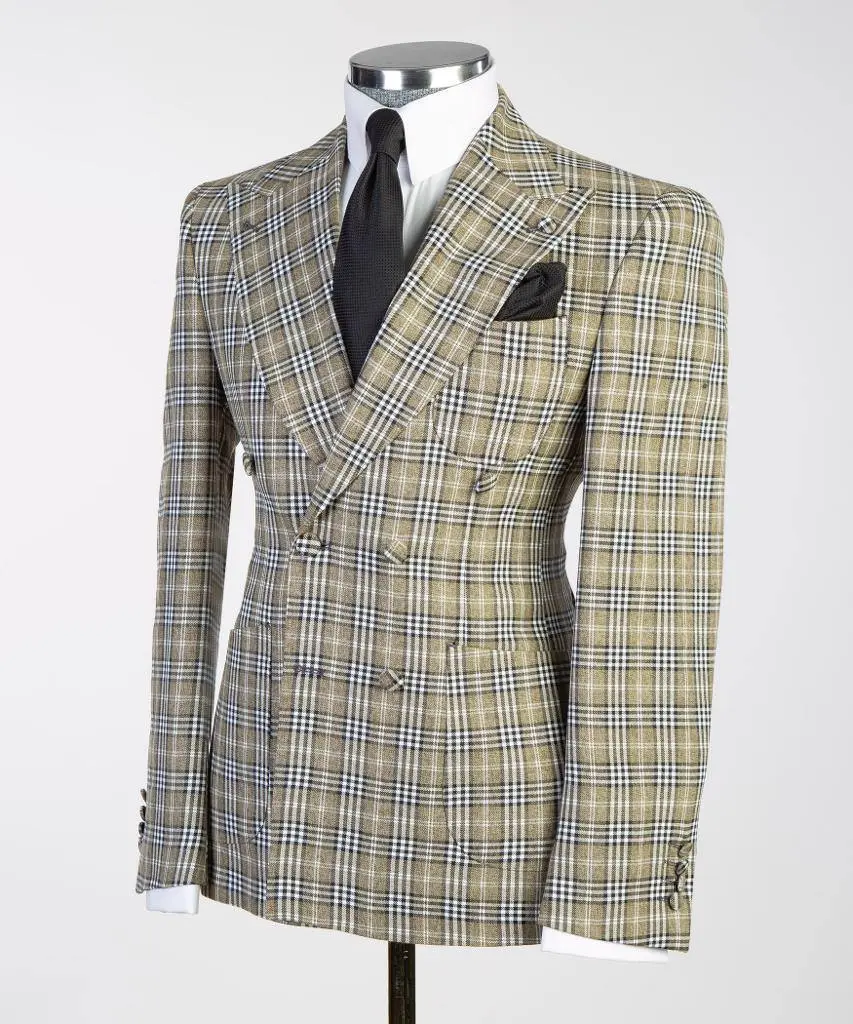 Men's Suit, 2 Piece Plaided Double Breasted Beige — photograph 3