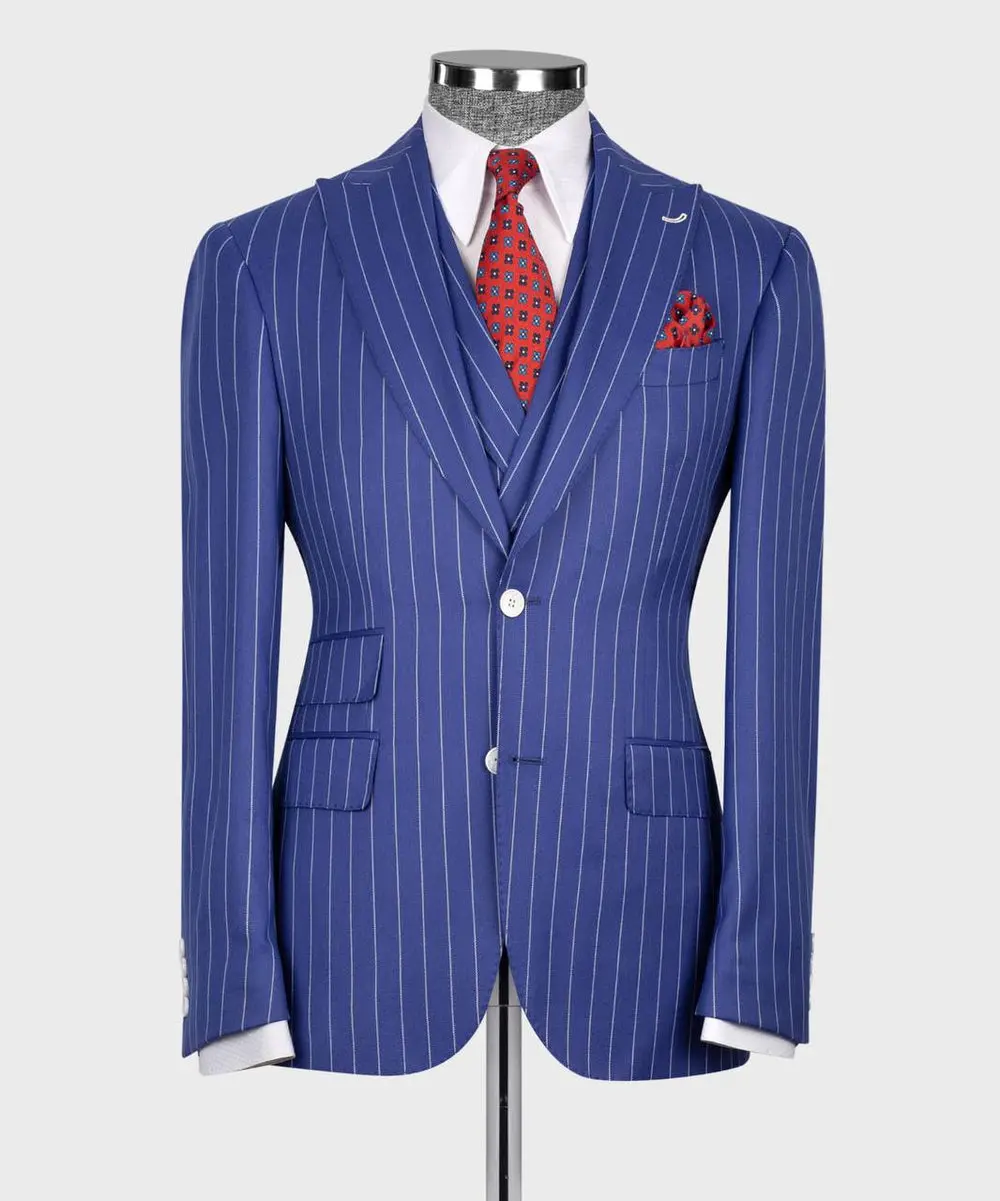 Men's Suit Set, %100 Wool, Striped, Blue — photograph 3