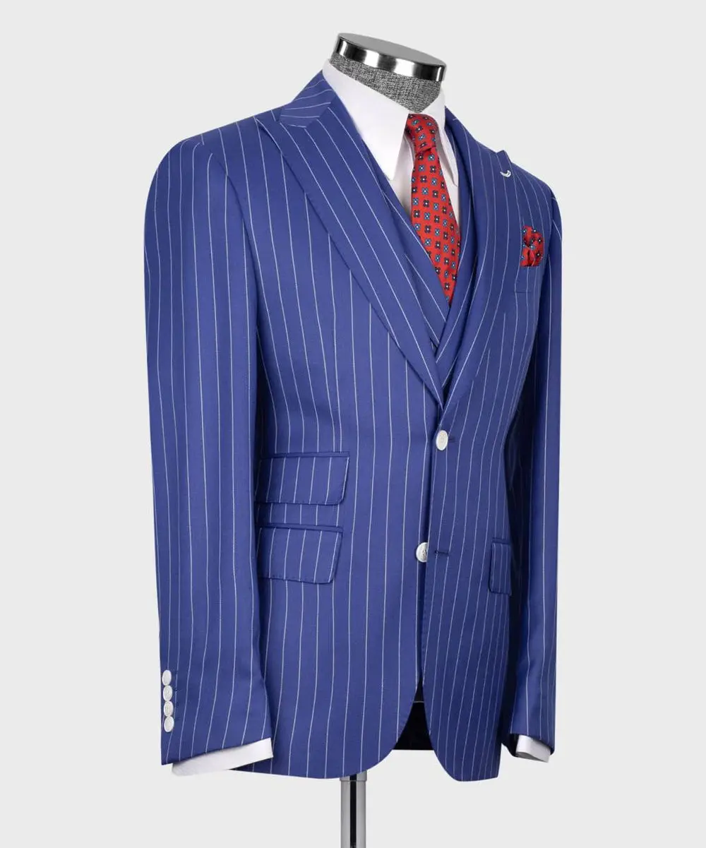 Men's Suit Set, %100 Wool, Striped, Blue — photograph 4