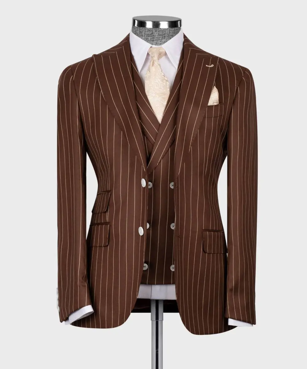 Men's Suit Set, %100 Wool, Striped, Brown — photograph 1