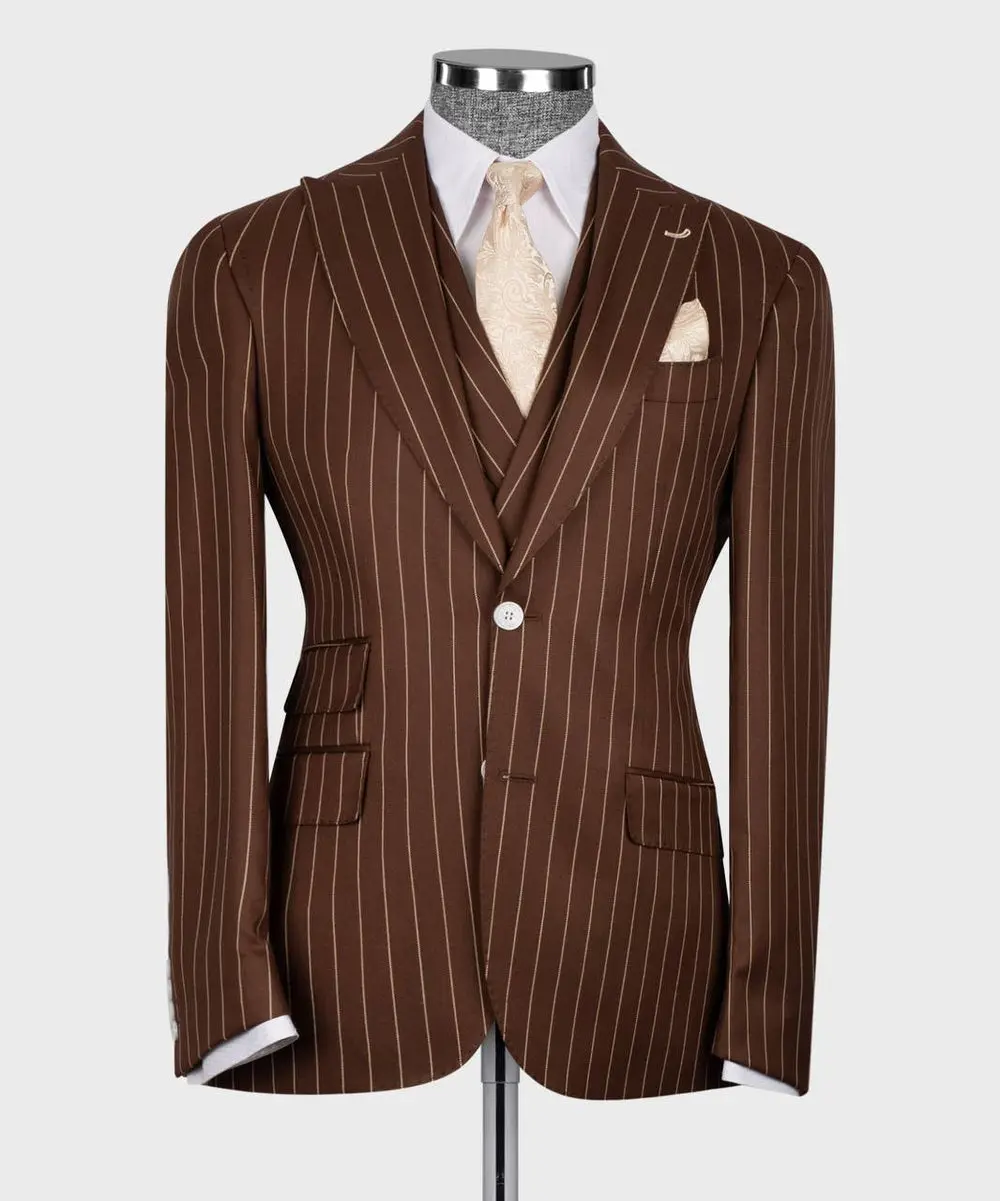 Men's Suit Set, %100 Wool, Striped, Brown — photograph 3