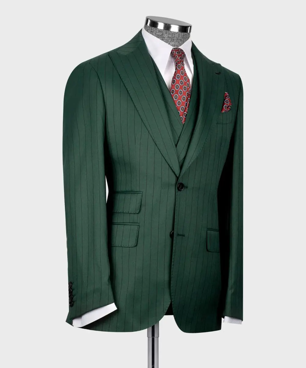 Men's Suit Set, %100 Wool, Striped, Green — photograph 4