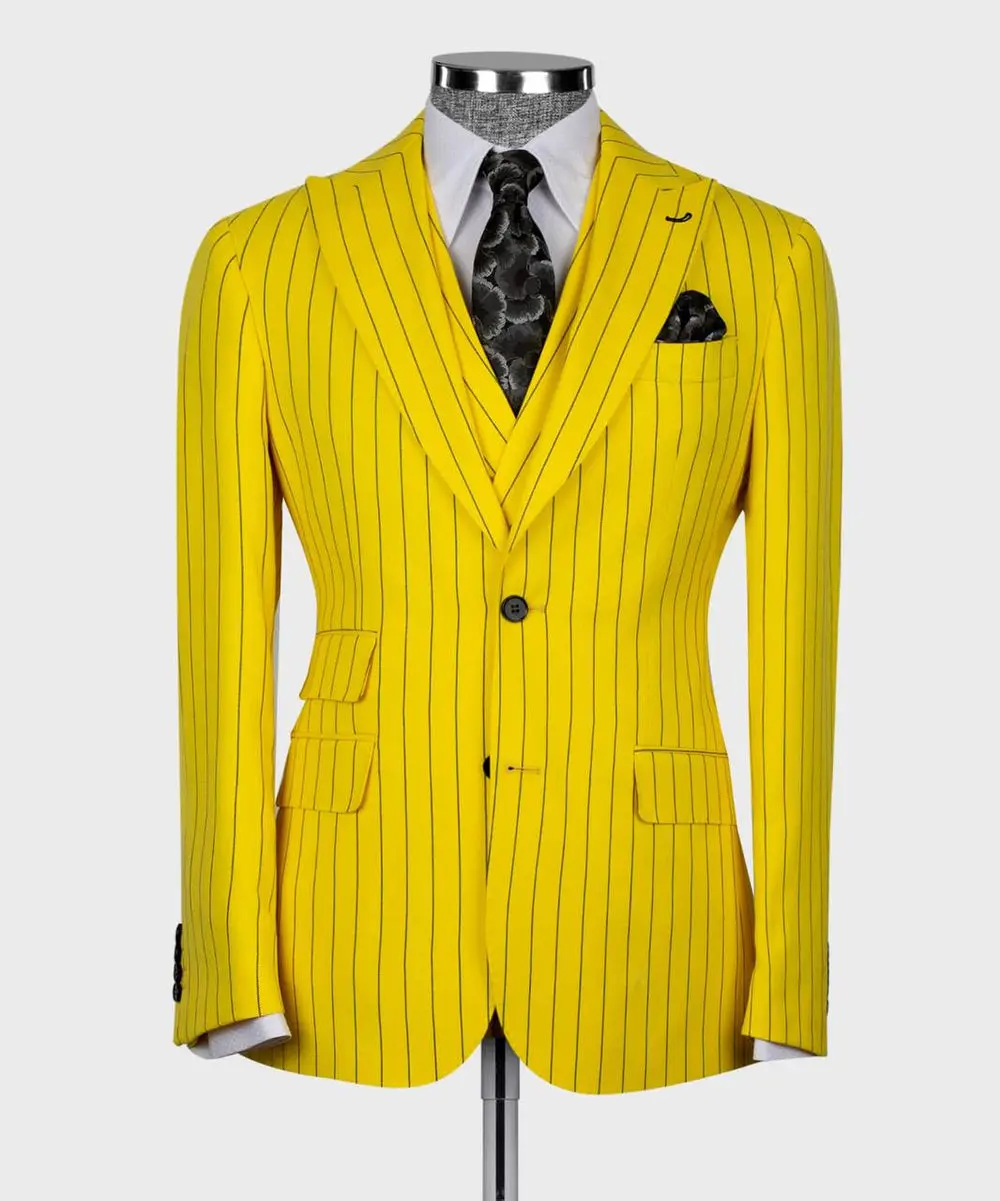 Men's Suit Set, %100 Wool, Striped, Yellow — photograph 5