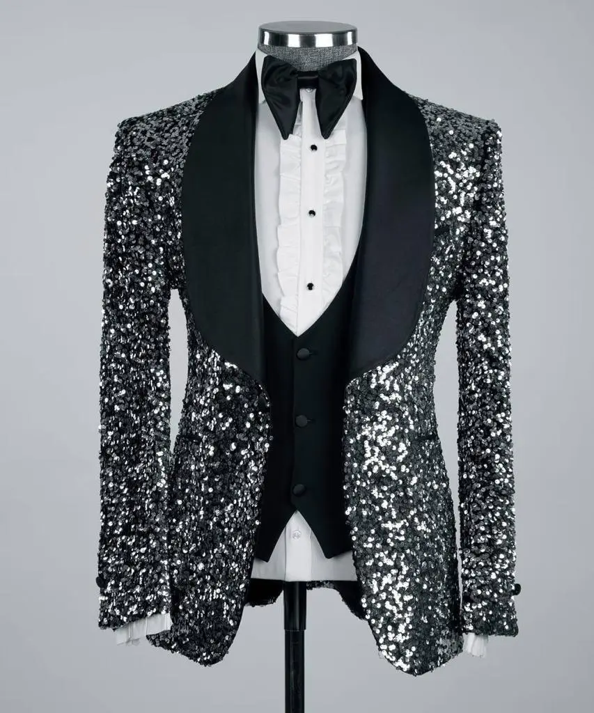 Men's 3 Piece Sequin Grey/Black Tuxedo — photograph 1