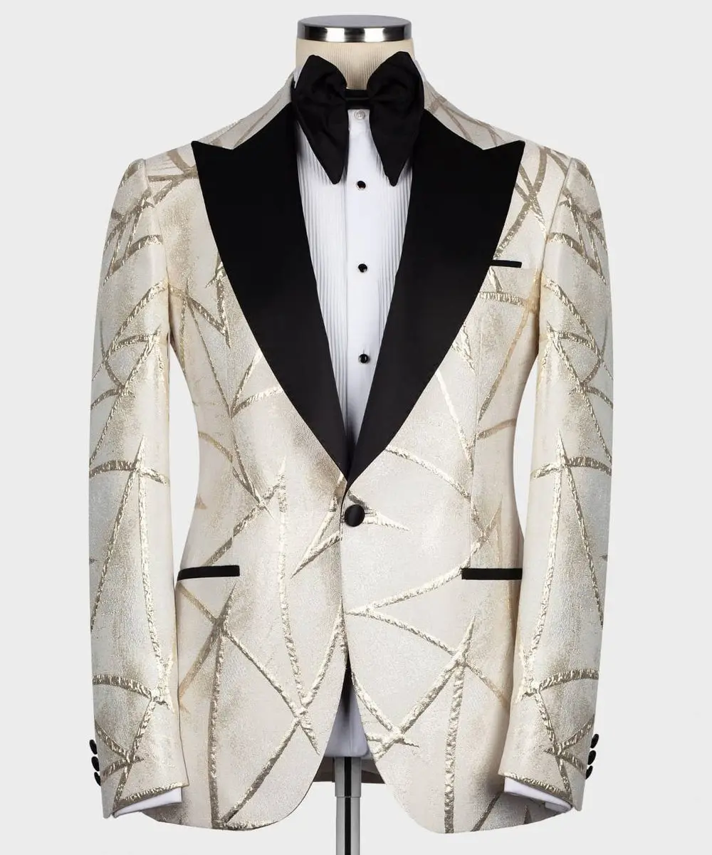Men's Tuxedo -Cream -Golden Pattern with Black Collar — photograph 3