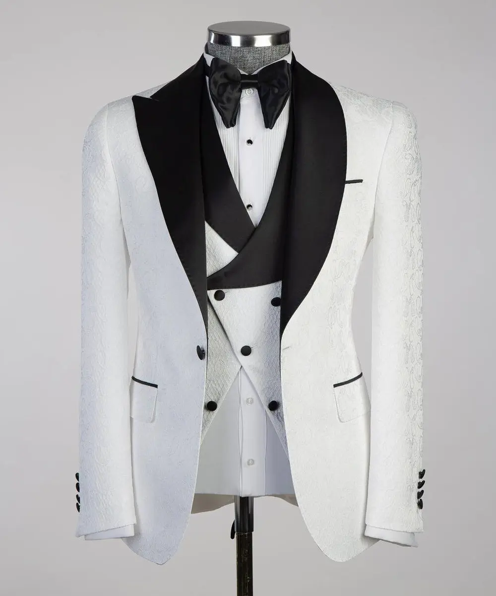 Men's White Tuxedo-Asymmetrical Black Satin Lapel — photograph 1